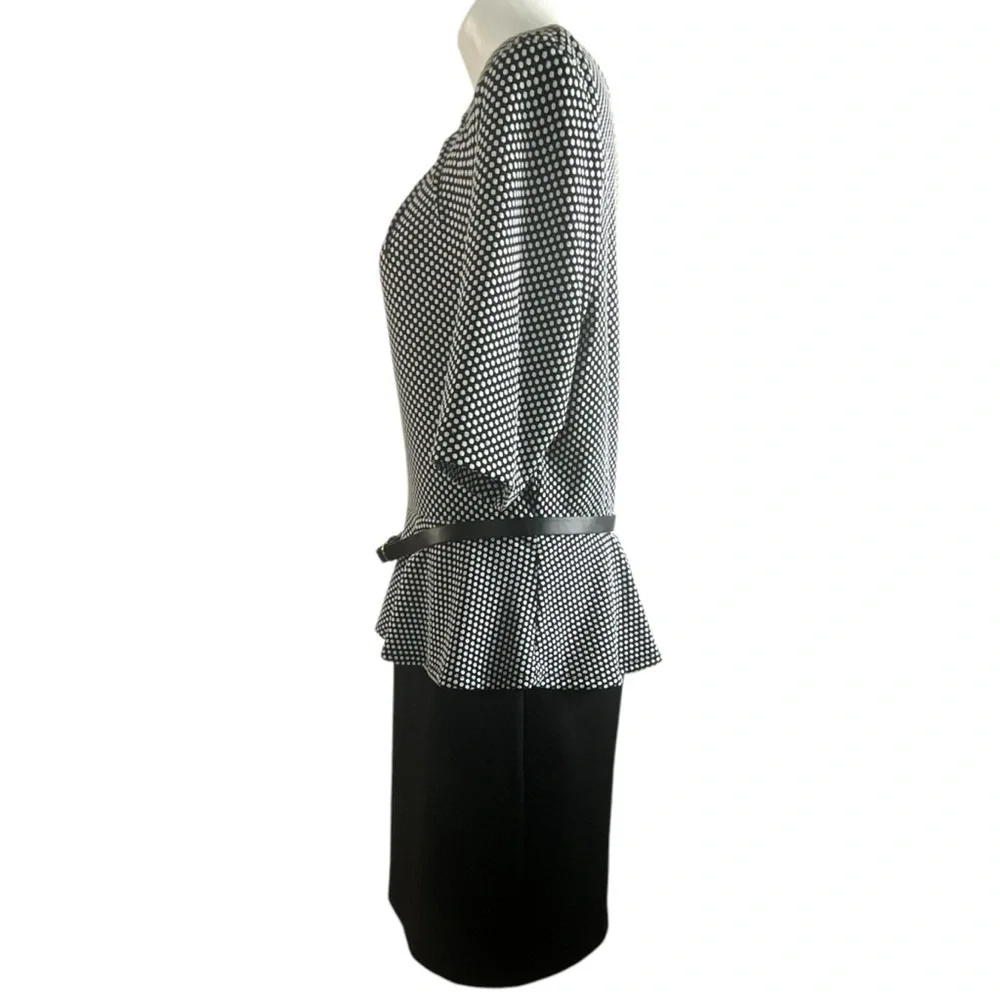 Connected Black and White Polka‎ Dot Belted Zip Back Peplum Dress